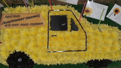 Photo of Huge Only Fools and Horses fan honoured at funeral with yellow floral tribute shaped like Del Boy’s Robin Reliant
